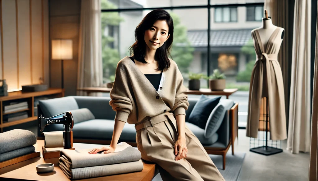 HUIS（ハウス）の服を上品に着こなし、生地やミシンのある明るい部屋で微笑む女性