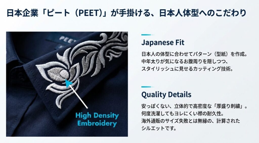 日本人体型に合わせたパターンと高密度な刺繍技術へのこだわり解説
