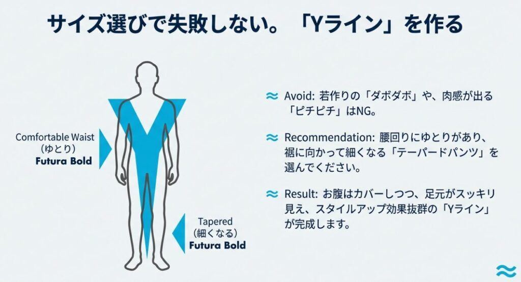 テーパードパンツを使用してYラインシルエットを作り、スタイルアップする方法の図解
