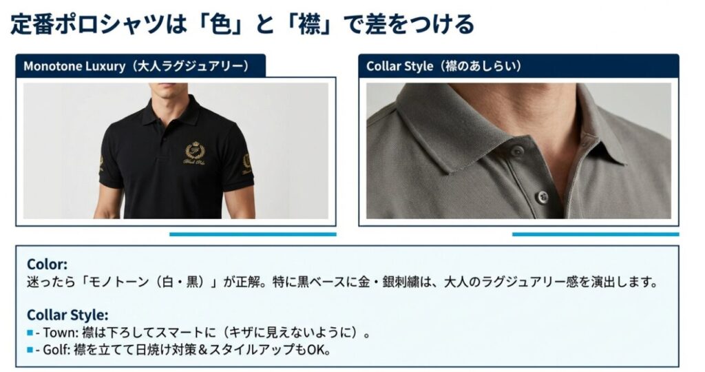 ガッチャのポロシャツにおける色の選び方（モノトーン）とシーン別の襟の扱い方
