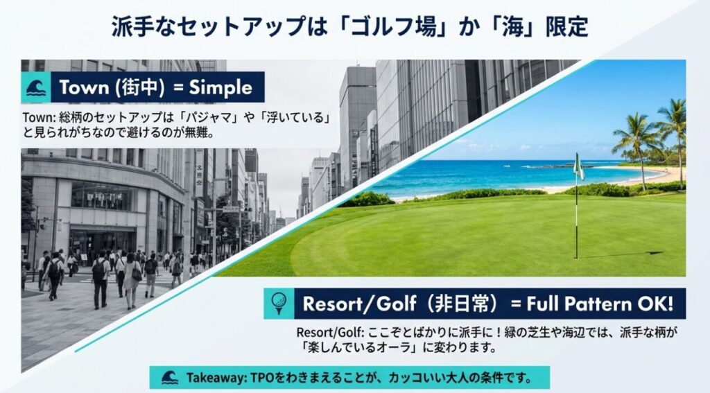 街中でのセットアップ着用（NG）とゴルフ・リゾートでの着用（OK）を分けるTPO解説
