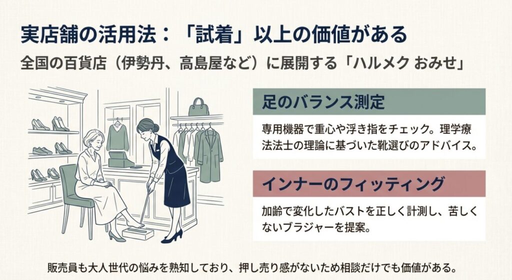 ハルメク店舗での足のバランス測定とインナーフィッティングの様子