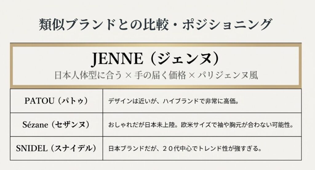 JENNEと類似ブランド(PATOU他)の比較表