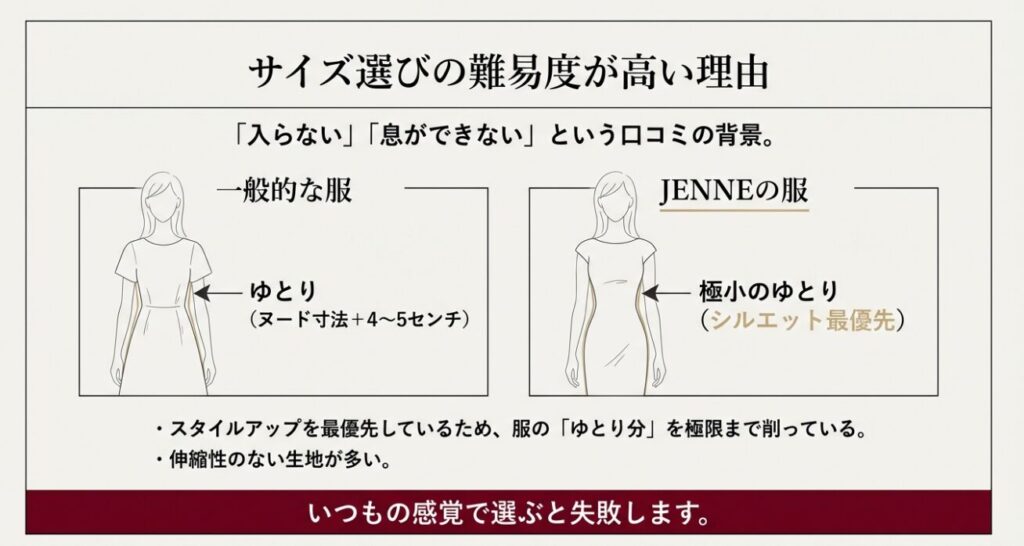 一般的な服とJENNEの「ゆとり」の違い比較図