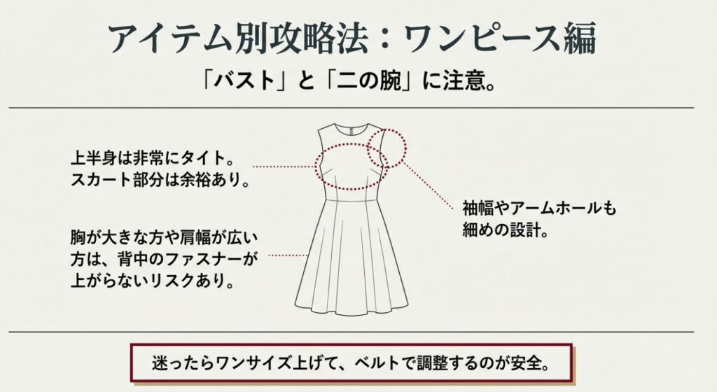 ワンピースのサイズ選びの注意点(バスト・二の腕)