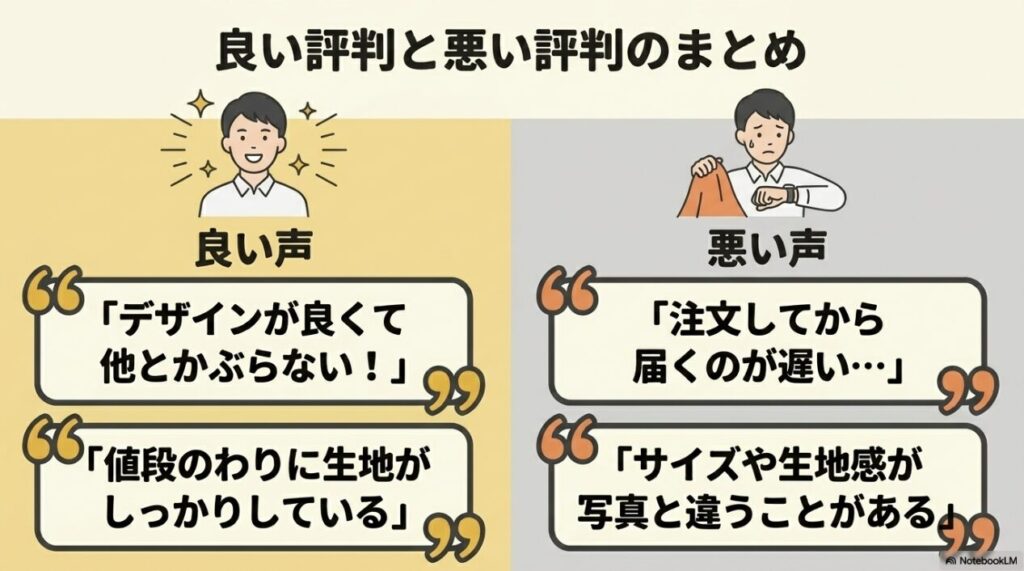 デザインの良さと配送やサイズ感への不満の比較