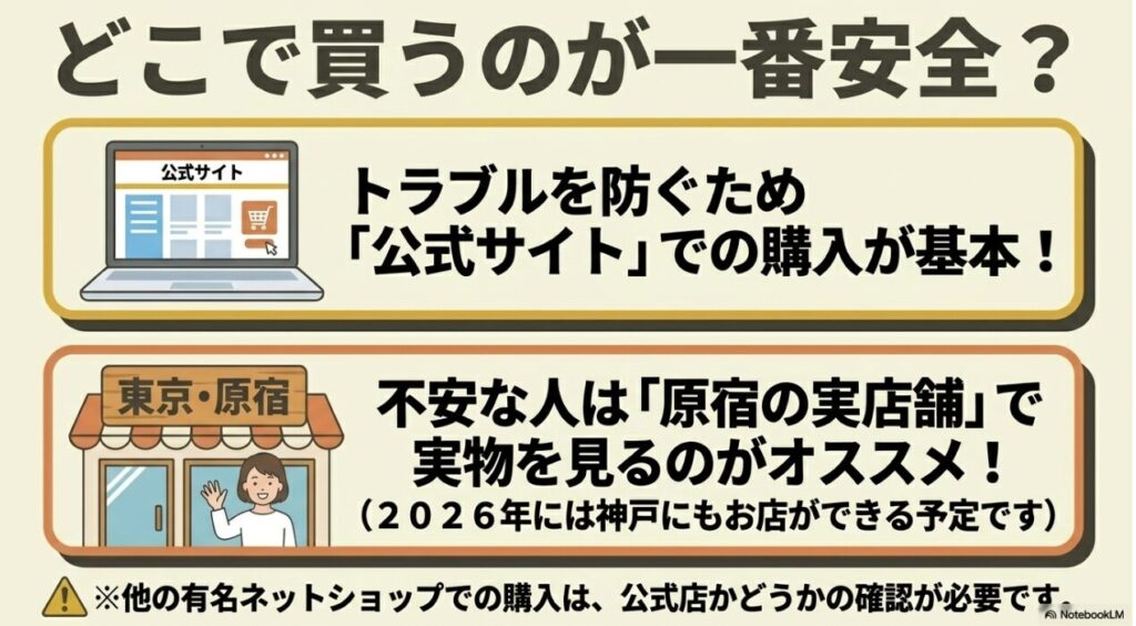 安全に購入できる公式ルートと店舗での実物確認の推奨