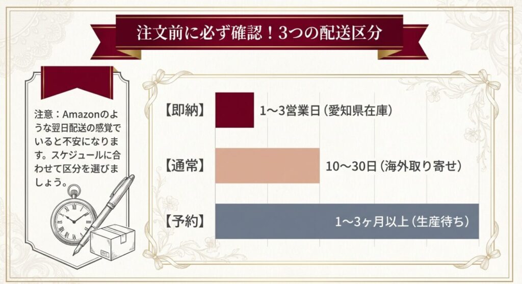 即納・通常・予約の3つの配送区分と納期目安のチャート