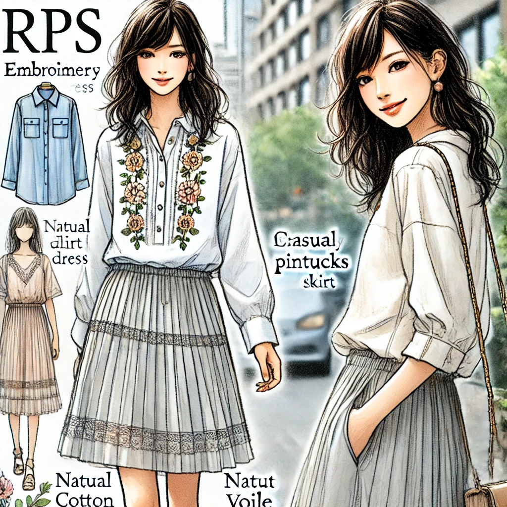 rpsの刺繍入りブラウスやピンタックスカートを着用した女性のイラストイメージ