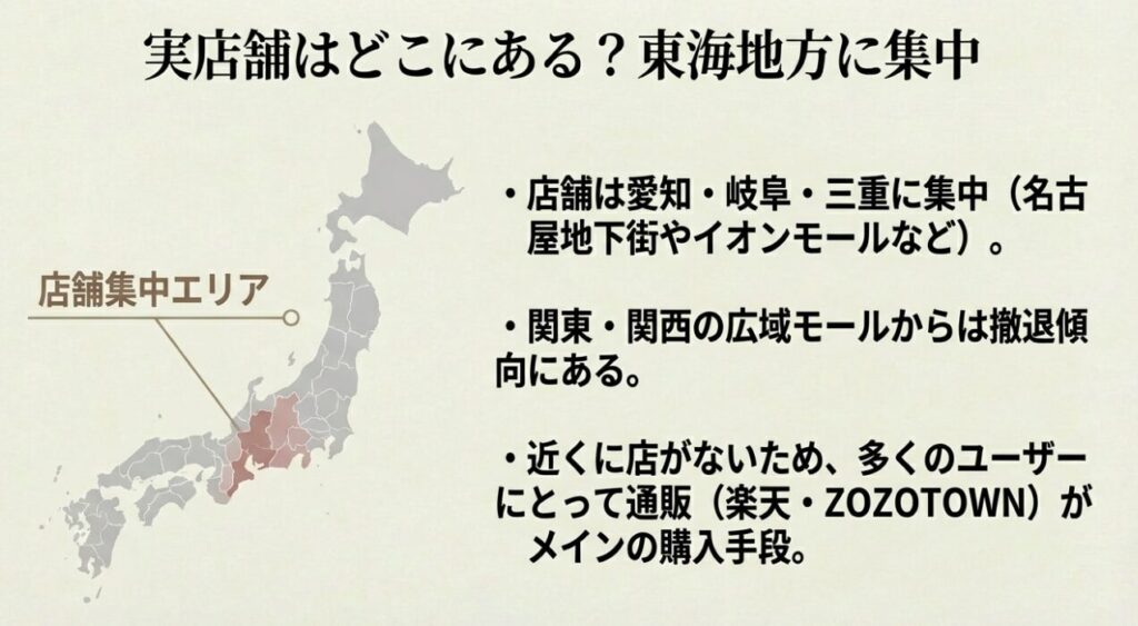 店舗が愛知・岐阜・三重に集中しており、関東・関西からは撤退傾向にあることを説明するスライド