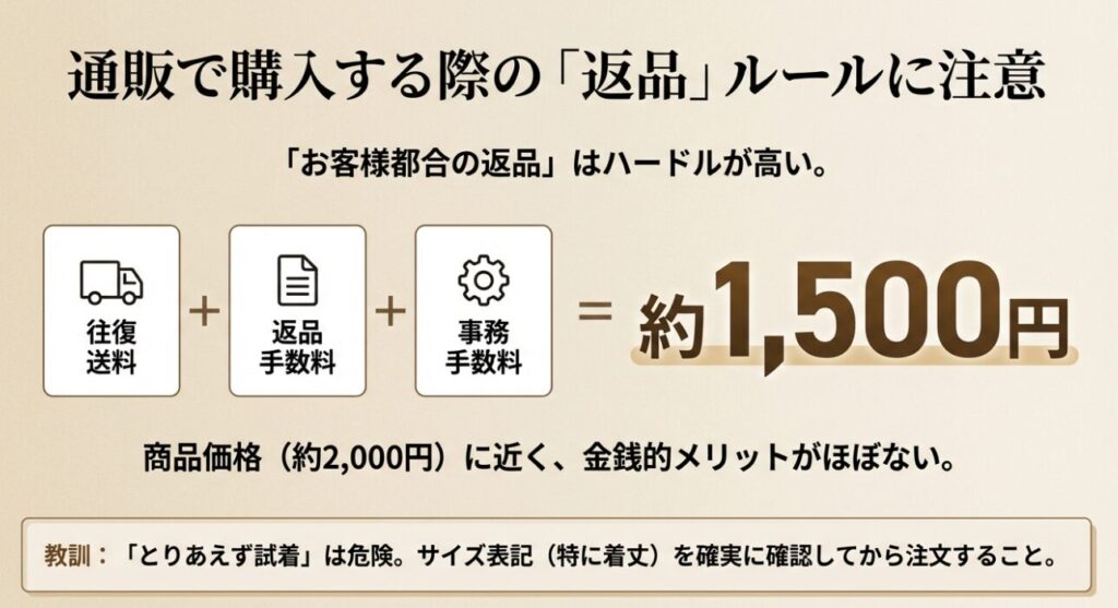 往復送料と手数料で約1,500円かかり、商品価格と変わらないため返品メリットがないことを示す計算式