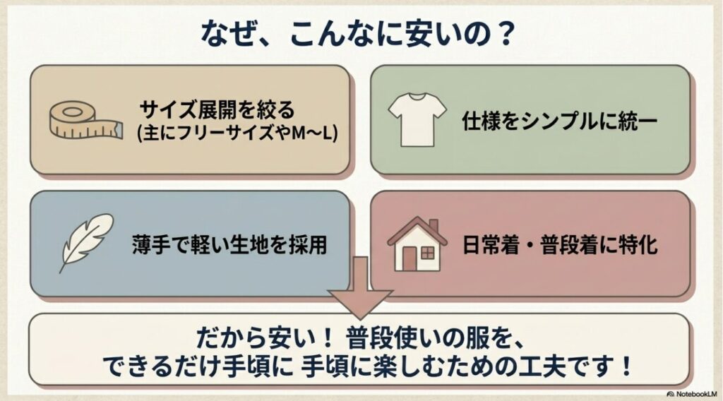 サイズ展開の絞り込みやシンプルな仕様による低価格化の仕組み