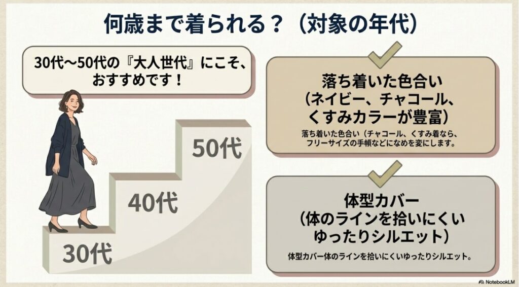 落ち着いた色合いと体型カバーで大人女性に似合うシルエット