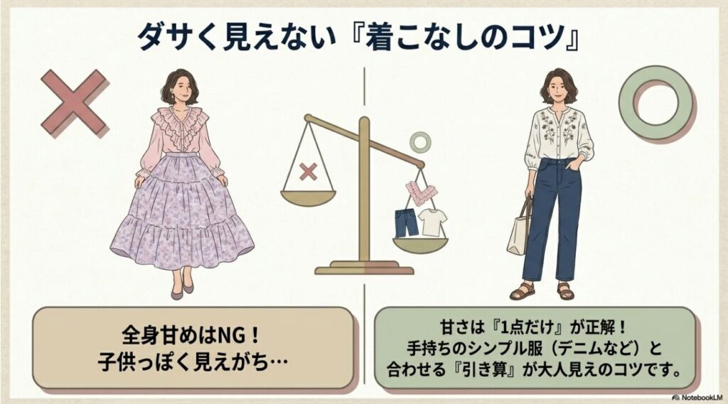 甘めアイテムを1点に絞りシンプル服と合わせる大人見えのコツ