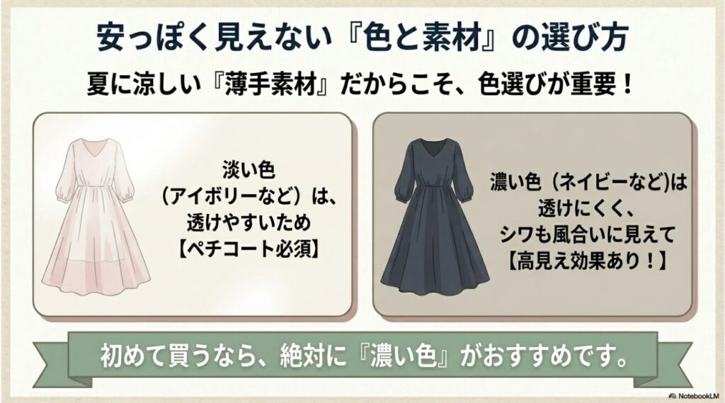 透けにくくシワが高見えする濃い色アイテムの推奨