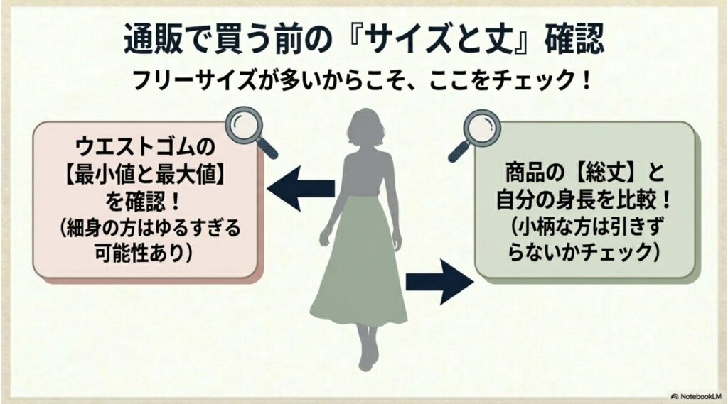 フリーサイズのウエスト最小値と最大値および総丈のチェック