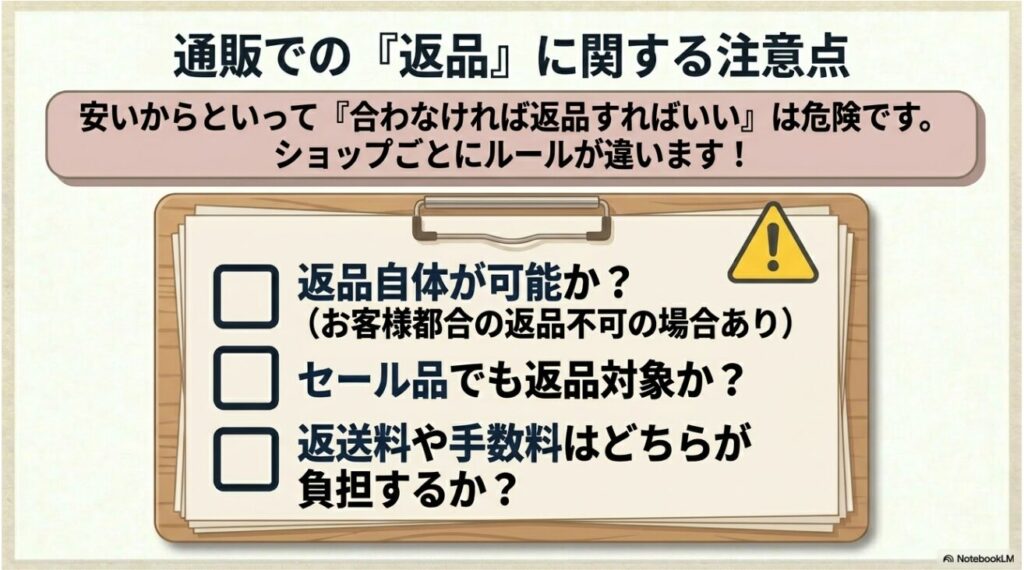 ショップごとに異なる返品条件や手数料負担の事前確認