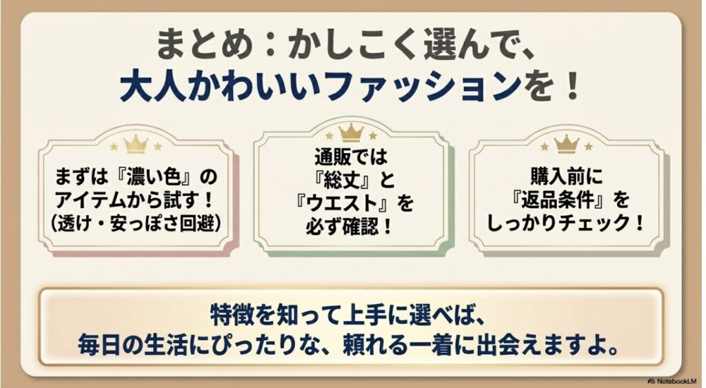 濃い色の選択やサイズ確認など失敗しない選び方の総まとめ
