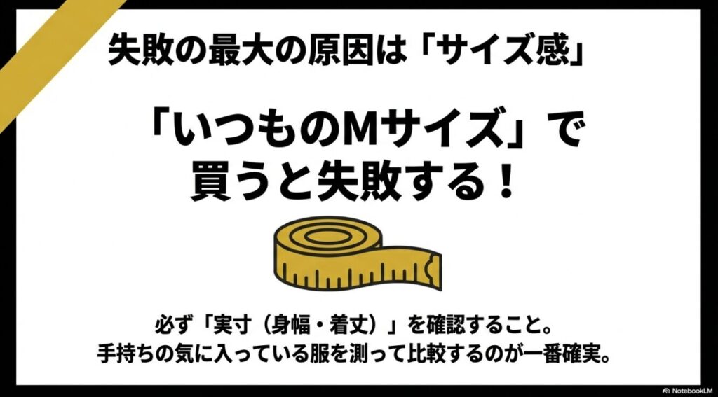 いつものサイズで買わず必ず実寸を測って比較することを推奨するスライド