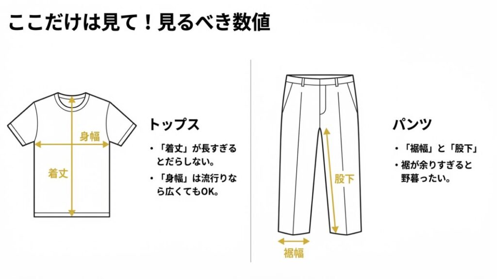 Tシャツの着丈、身幅やパンツの裾幅、股下などチェックすべき数値の解説図