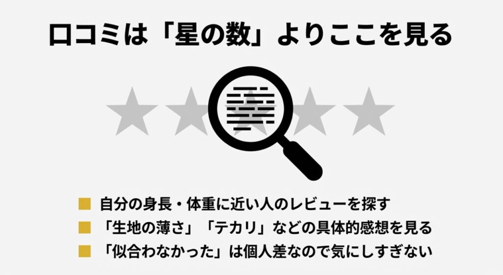 自分の体型に近い人のレビューや具体的な質感をチェックする方法