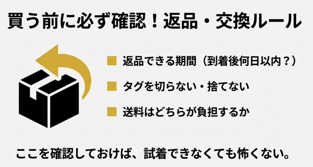 返品期間、タグの保持、送料負担について確認を促すスライド