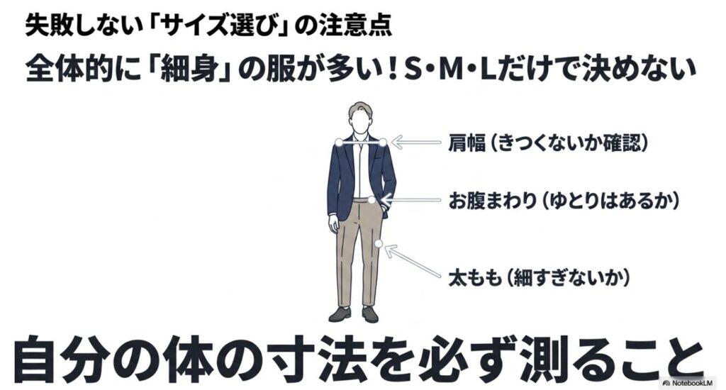 細身の服が多いため購入前に必ず採寸して確認するポイント
