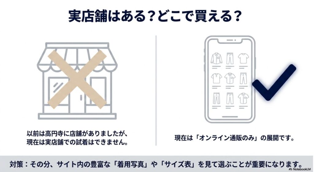 現在は店舗での試着ができずネット販売のみ展開していることの説明
