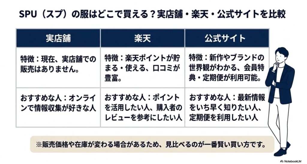 実店舗がなく公式や楽天などの特徴をまとめた比較表