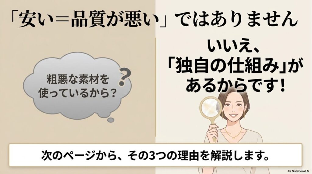 粗悪な素材ではなく独自の仕組みによる低価格化