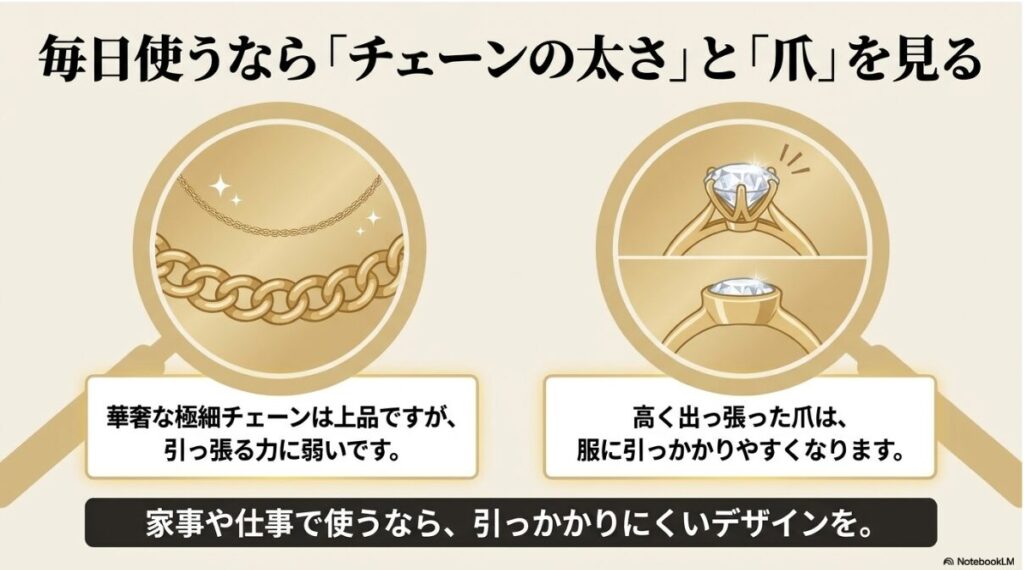 引っかかりにくいデザインや切れにくい構造の推奨