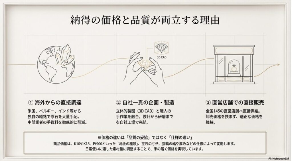 海外調達や自社一貫体制など適正価格を実現する仕組みの解説
