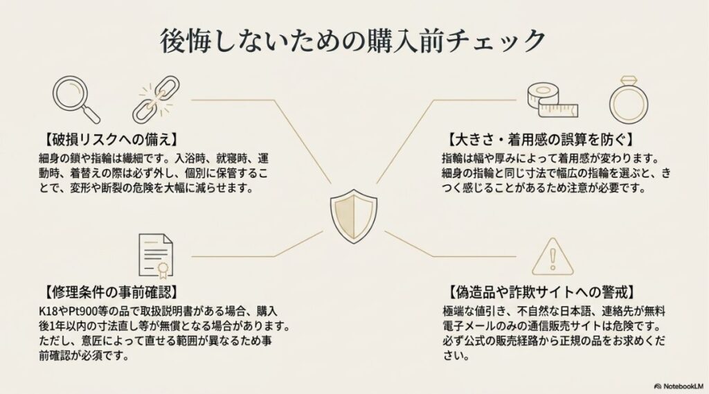 破損リスクへの備えやサイズ選びおよび偽造品サイトへの警戒事項