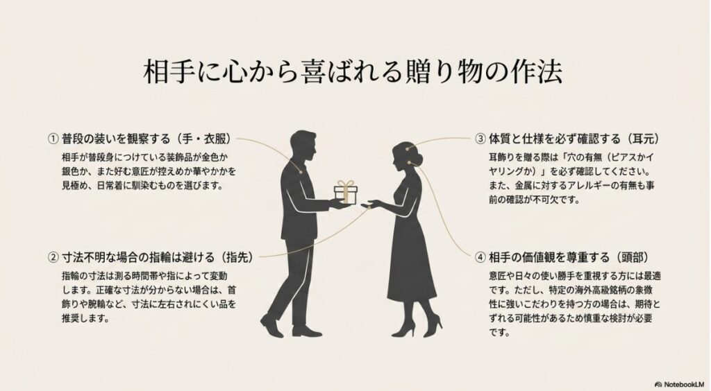 普段の装いの観察や金属アレルギーの事前確認などプレゼント時の配慮