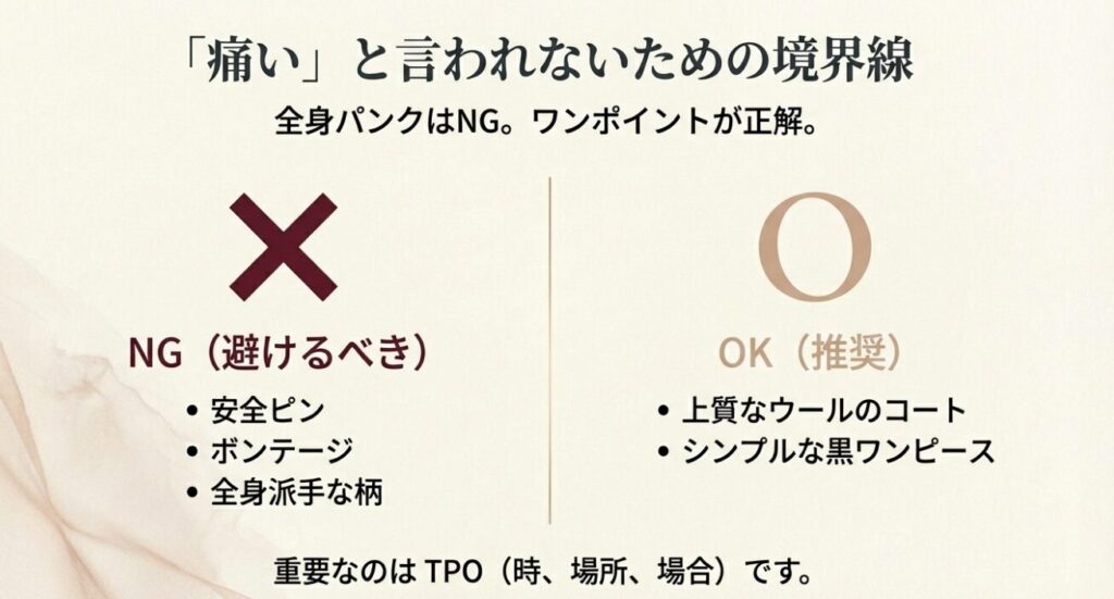 全身パンクのNG例と、素材重視でワンポイントのOK例の比較図