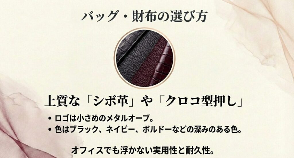 オフィスで使えるブラックやボルドーのシボ革・クロコ型押しレザーの質感