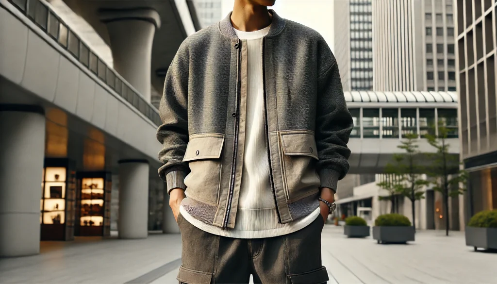 ReZARDの服を着用した男性のスタイリッシュな街中コーディネート