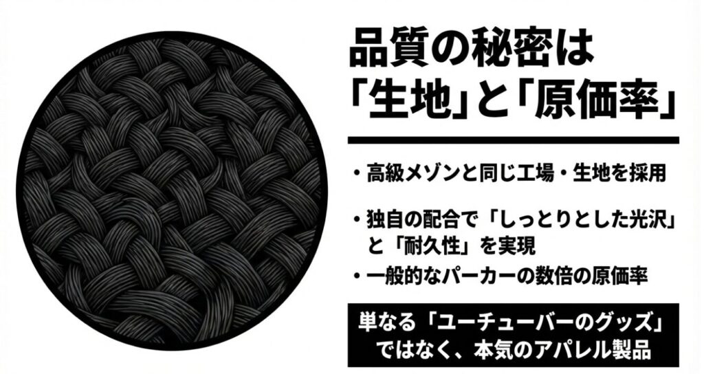 高級メゾンと同じ生地の採用と高い原価率についての商品説明