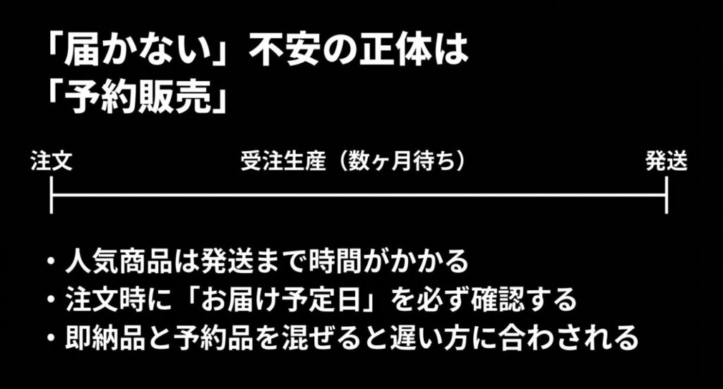 注文から生産・発送までの流れと納期確認の重要性の説明