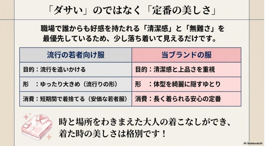 流行の若者向け服と当ブランドの服の目的や形の違いを比較した表