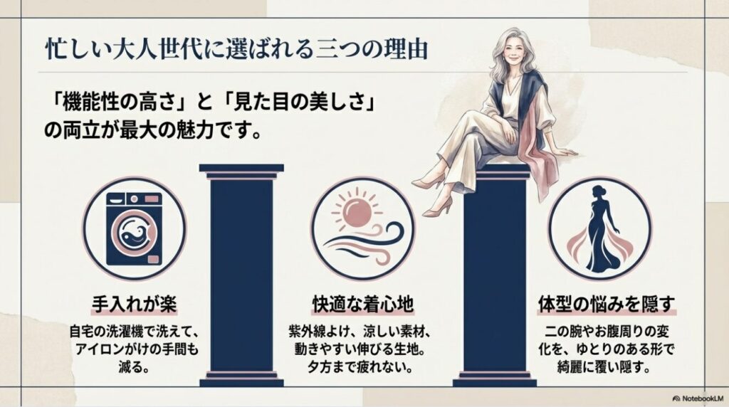 洗濯機で洗える手入れの楽さや体型の悩みを隠すなど選ばれる3つの理由
