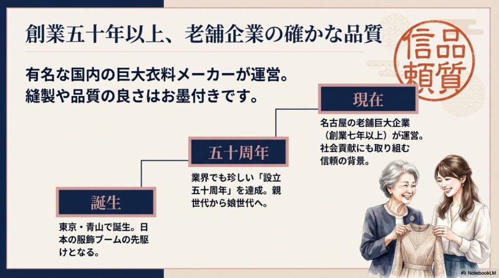 笑顔で服を広げる女性たちのイラストおよび創業50年以上の歴史と確かな品質の解説
