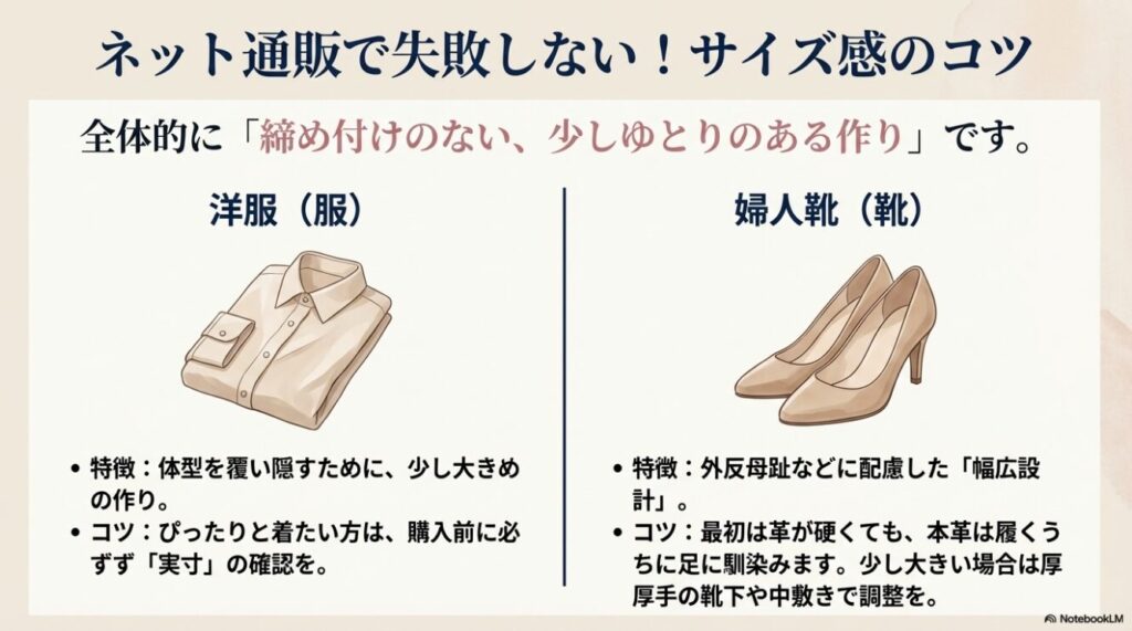 ゆとりのある洋服と幅広設計の婦人靴のイラストを交えたサイズ感の特徴と選び方のコツ 