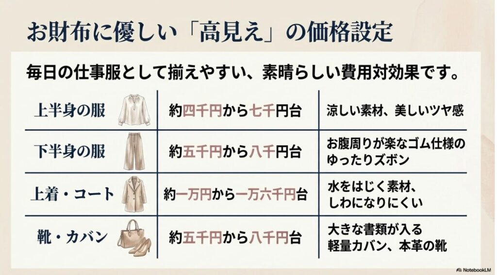 上半身や下半身の服および靴やカバンなどアイテムごとの価格帯と特徴をまとめた一覧表 
