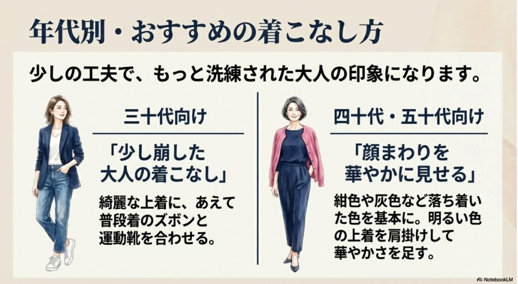 30代向けのカジュアルミックスと40代50代向けの華やかに見せるコーディネート例のイラスト