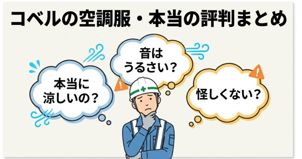 「本当に涼しいの？」と悩む作業員のイラストと、コベルの空調服の評判まとめという文字