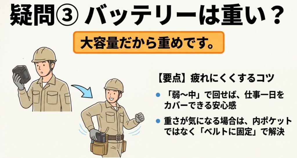 大容量で重めのバッテリーを内ポケットではなくベルトに固定して疲れにくくするコツ