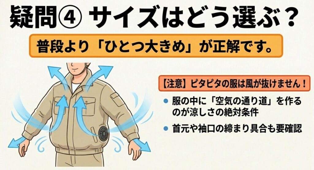 普段よりひとつ大きめを選び、服の中に空気の通り道を作るのが涼しさの条件という説明