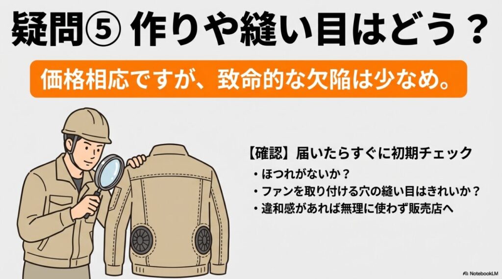 ほつれやファンの取り付け穴の縫い目を虫眼鏡で確認するイラスト