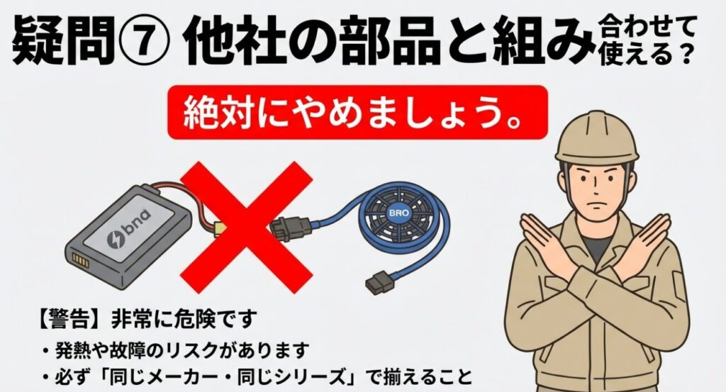 異なるメーカーの部品を組み合わせるのは非常に危険であり、故障のリスクがあるという警告